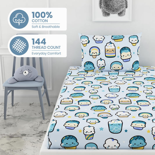 Kawaii Pastel Sky 144 TC 100% Cotton Elastic Fitted Single Bedsheet with 1 Pillow Cover - 78 x 36 Inches