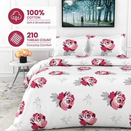Wine & Pink Floral Double Bedsheet - 210 TC 100% Cotton with 2 Pillow Covers (90 x 90 Inches)