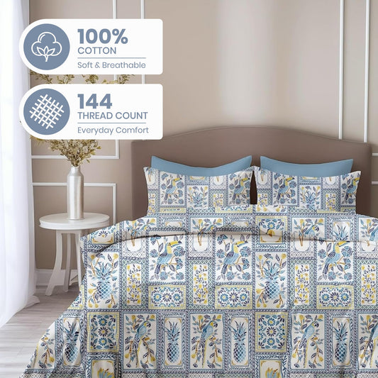 Royal Parrot Flora Print Blue 100% Cotton Double Bedsheet with 2 Pillow Covers, 144 TC, 88 x 90 Inches