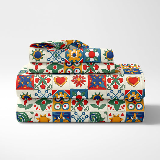 Loreto Cotton Single Fitted Bedsheet | Red & Cobalt Blue 144 TC