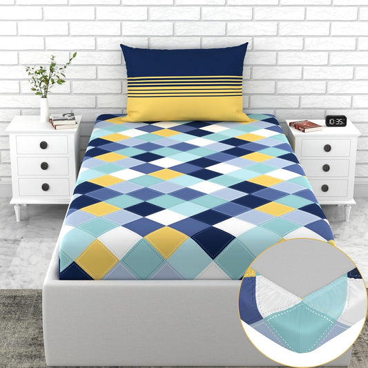 Loreto Cotton Single Fitted Bedsheet | Vivid Blue and Yellow Checkered