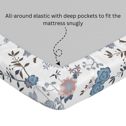 Blue & Blush Garden 100% Cotton King Size Elastic Fitted Bedsheet with 2 Pillow Covers, 144 TC, 78 x 72 Inches