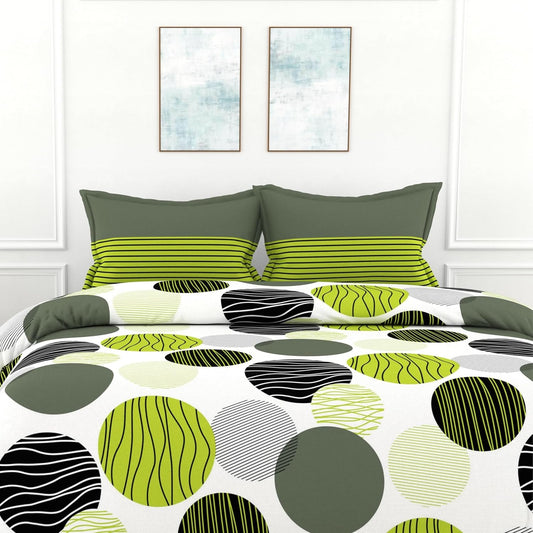 Olive Green and Grey Black Circle Geometric 100% Cotton Flat Double Bedsheet, 144 TC
