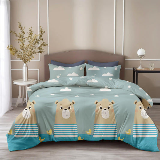 Loreto Cotton Double Bedsheet | Aqua Blue Bear & Duck Parade 186 TC Cotton , 90 x 90 Inches - Soft Percale Weave with 2 Covers, Durable & Breathable