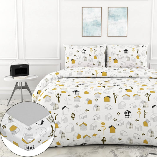 Loreto Cotton King Fitted Bedsheet | White Kids House Pattern