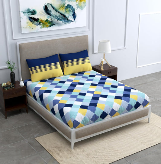 Vivid Blue and Yellow Checkered 100% Cotton Flat King Bedsheet, 144 TC