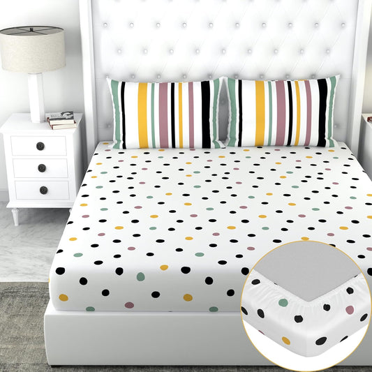 Loreto Cotton King Fitted Bedsheet | Lemon Drops with Black Dots Polka Dots