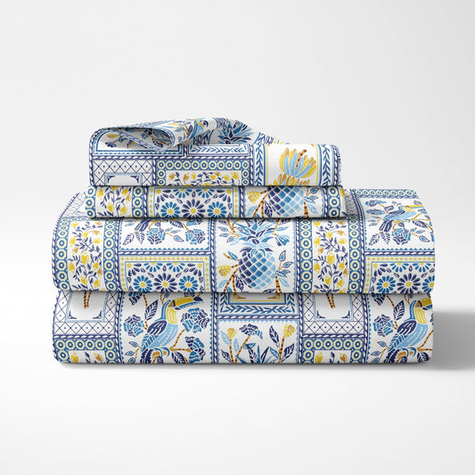 Loreto Cotton Single Fitted Bedsheet | Royal Parrot Flora Print Blue