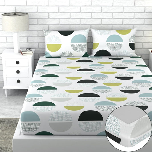 Loreto Cotton King Fitted Bedsheet | Charcoal Grey & Yellow Modern Geometric