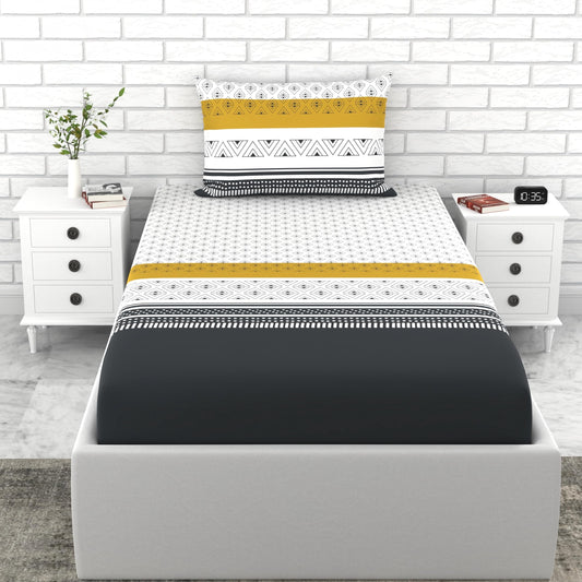 Loreto Cotton Single Bedsheet | Granite Black and Golden Haze