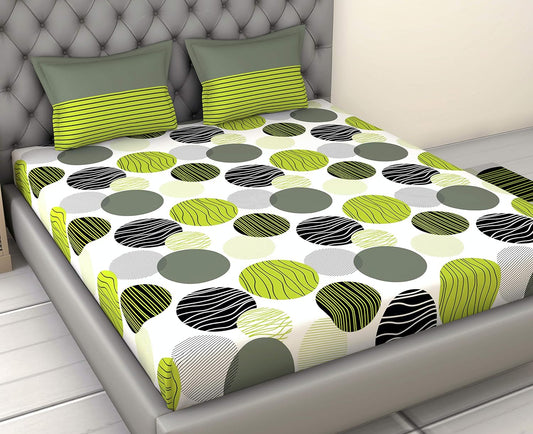 Olive Green & Black Circles Geometric 100% Cotton Double Fitted Bedsheet, 144 TC
