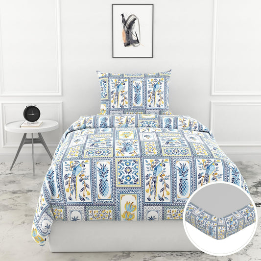 Royal Parrot Flora Print Blue 100% Cotton Elastic Fitted Bedsheet for Single Bed with Pillow Cover | All Around Elastic | 78 x 36 Inches, 144 TC