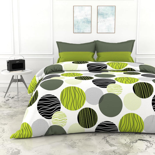 Loreto Cotton Double Bedsheet | Olive Green and Grey Black Circle Geometric