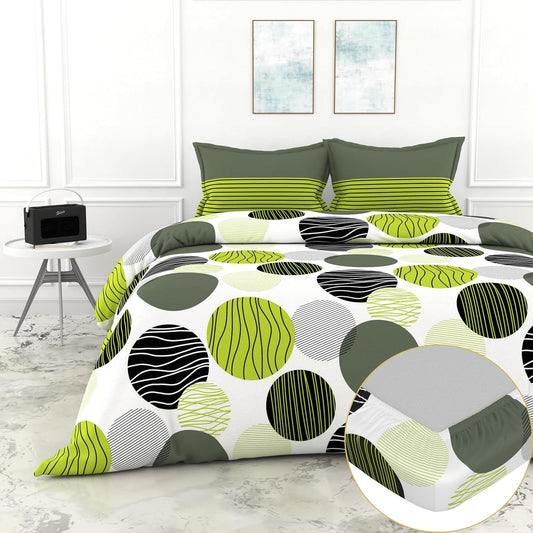 Loreto Cotton Double Fitted Bedsheet | Olive Green & Black Circles Geometric
