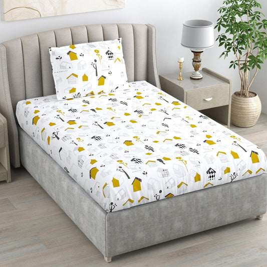 Kids House Drawing Design 100% Cotton Flat Single Bedsheet, 144 TC