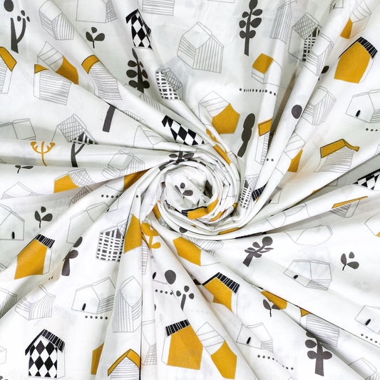 Soft White Kids House Pattern 100% Cotton Double Fitted Bedsheet, 144 TC