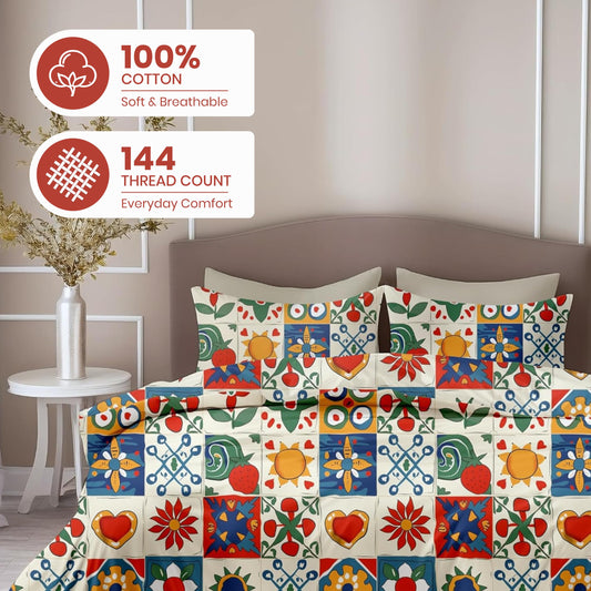 Cherry Red & Cobalt Blue Soft & Breathable 100% Cotton Flat Double Bedsheet, 144 TC