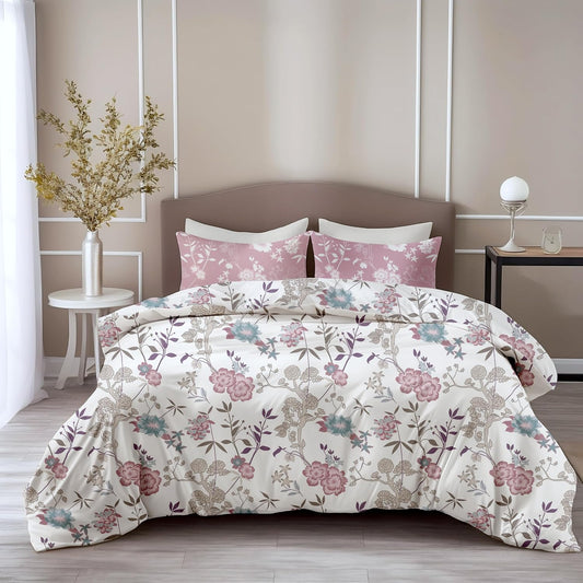 Loreto Cotton King Bedsheet | Blush Pink & Teal Blooms Soft & Breathable