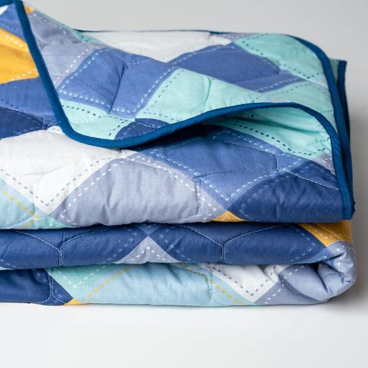 Vivid Blue & Yellow Checkered 100% Cotton Reversible Comforter for Single Bed | 150 GSM Lightweight Winter Quilt | AC Blanket 54" x 84"