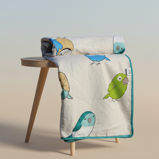 Multicolor Birds Single Dohar - 100% Cambric Cotton Lightweight AC Blanket (58 x 88 Inches)