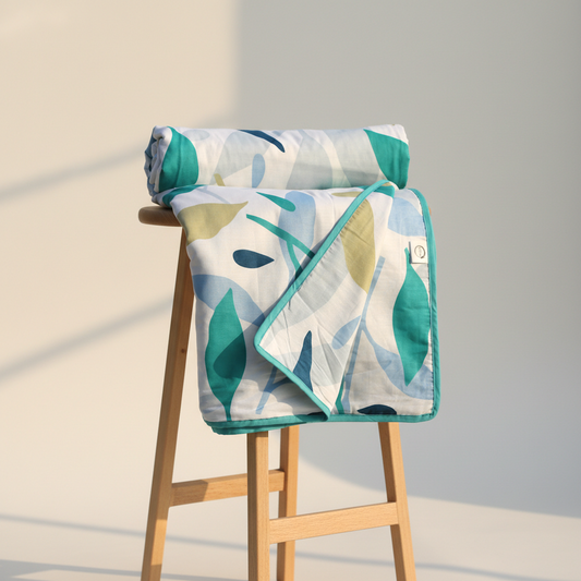 Green Leaf Single Dohar - 100% Cambric Cotton Lightweight AC Blanket (58 x 88 Inches)