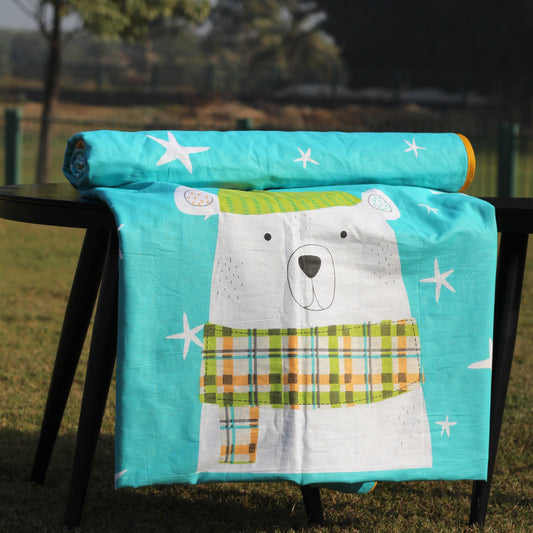 Teal Cozy Bear Single Dohar - 100% Cambric Cotton Lightweight AC Blanket (58 x 88 Inches)