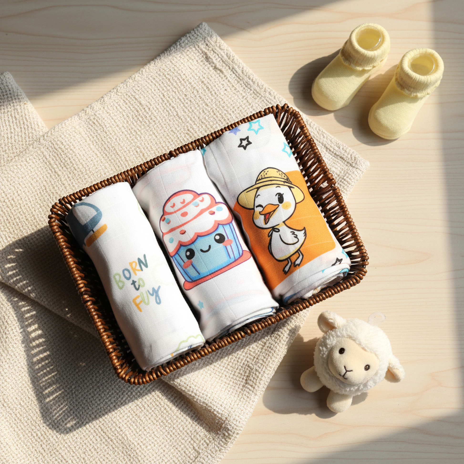 Loreto Baby Muslin Swaddle Combo Pack of 3 | 100% Cotton | Born To Fly, Cupcake & Little Duck