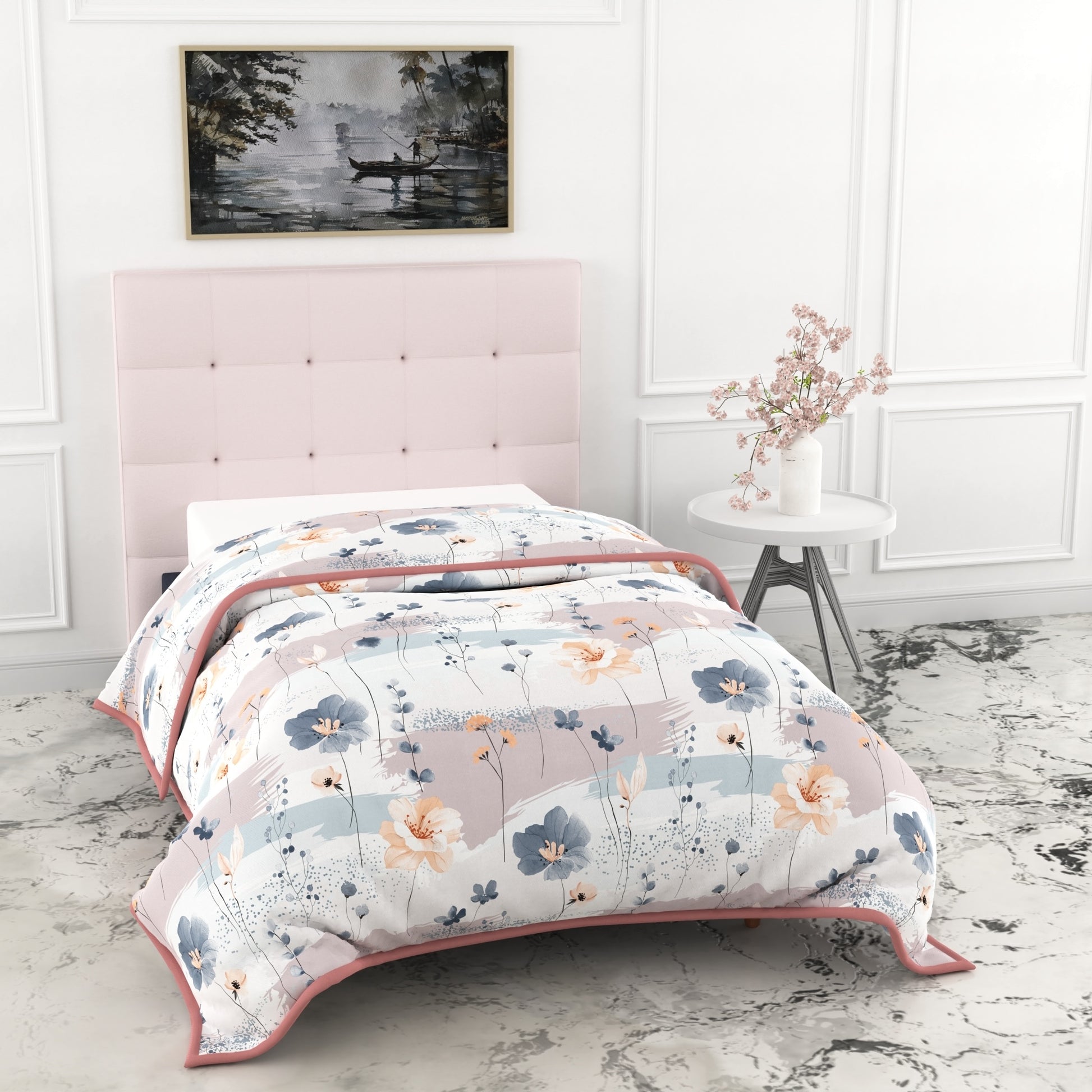 Blush Floral Single Dohar – 100% Cambric Cotton Lightweight AC Blanket (58 x 88 Inches)