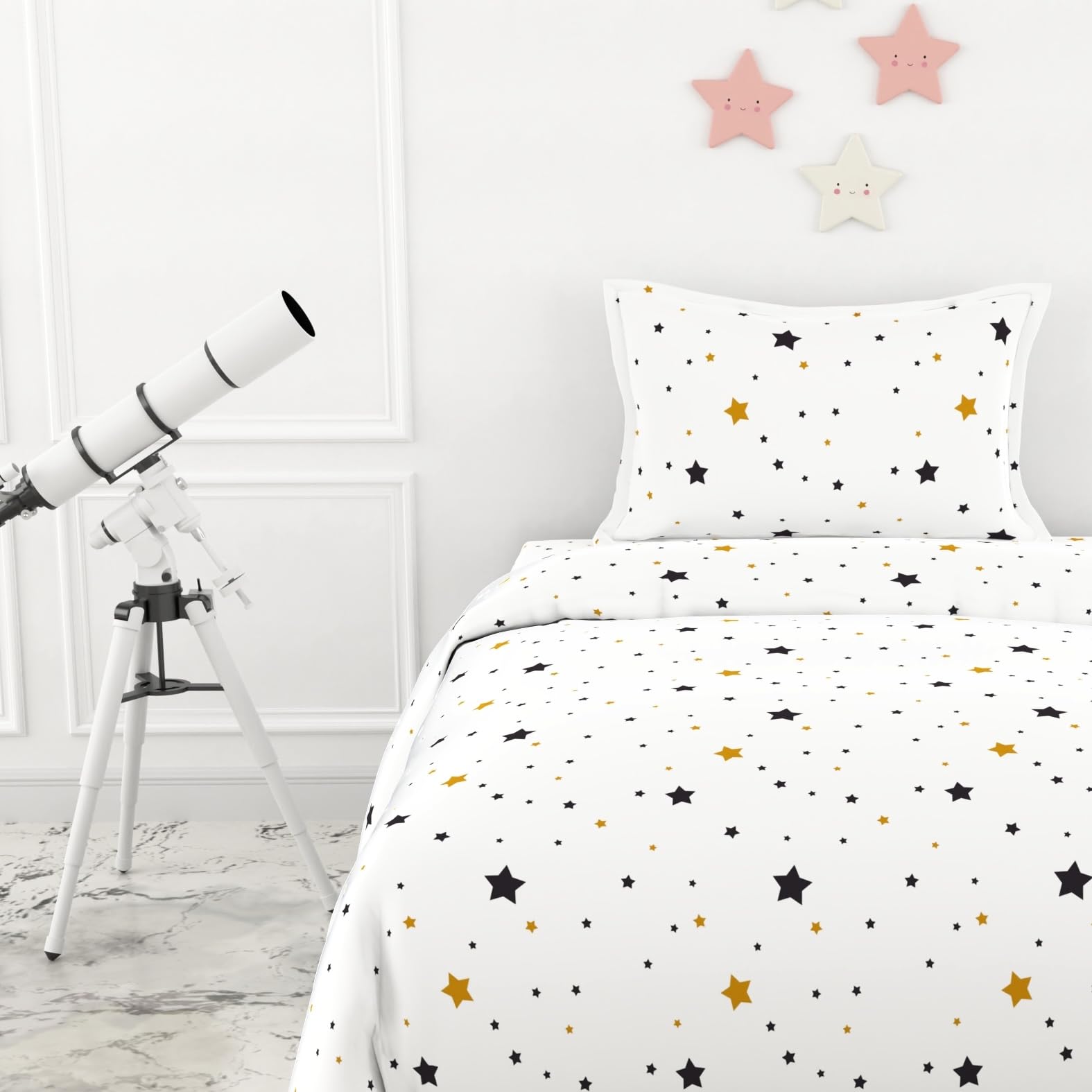 Black & Gold Stars Single Bedsheet - 210 TC 100% Cotton with 1 Pillow Cover (58 x 88 Inches)