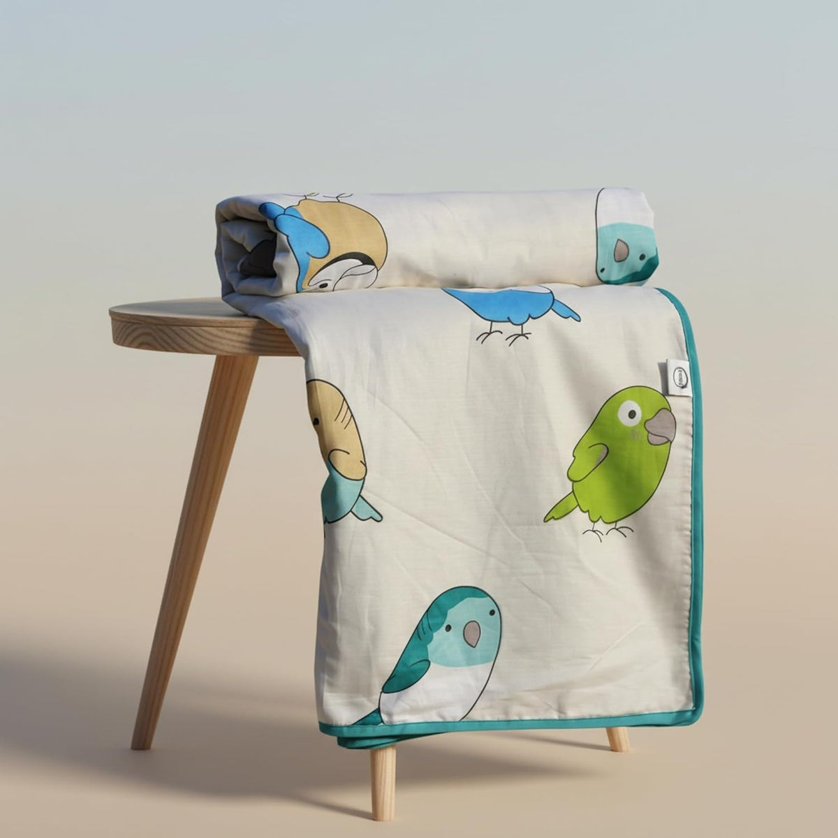 Loreto Multicolor Birds on Soft Beige Double Cotton Dohar | Lightweight AC Blanket | 88 x 88 Inches - main product image