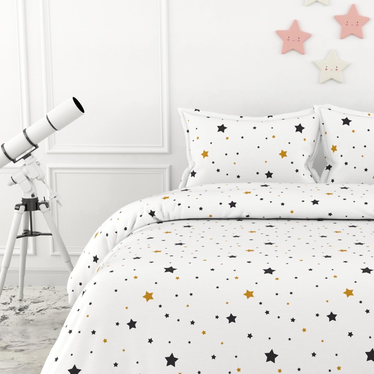 Black & Gold Stars Double Bedsheet - 210 TC 100% Cotton with 2 Pillow Covers (90 x 90 Inches)