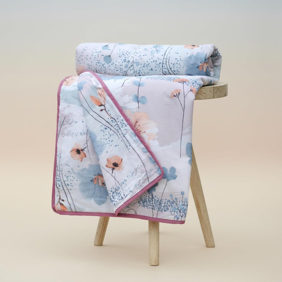 Loreto Blush Breeze Floral - Blue & Peach Double Cotton Dohar | Lightweight AC Blanket | 88 x 88 Inches - main product image
