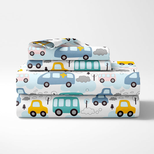 Loreto Cotton Double Fitted Bedsheet | Blue Bus & Banana Yellow Cars
