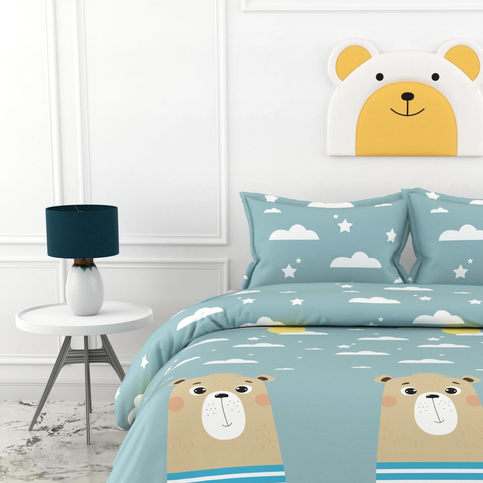 Aqua Blue Bear & Duck Parade 186 TC Cotton Double Bedsheet, 90 x 90 Inches — Soft Percale Weave with 2 Pillow Covers, Durable & Breathable