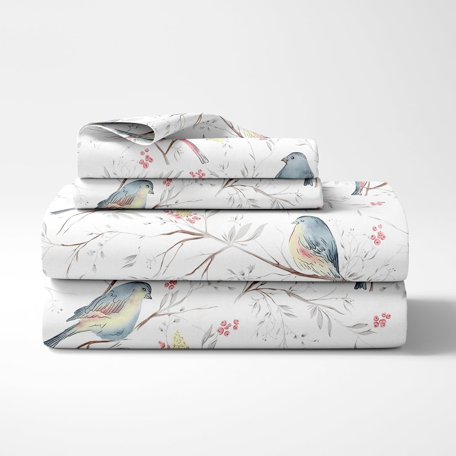 Blush Pink & Blue Bird 186 TC Cotton Fitted King Size Bedsheet with 2 Pillow Covers - 78 x 72 Inches | Soft, Breathable & All-Around Elastic