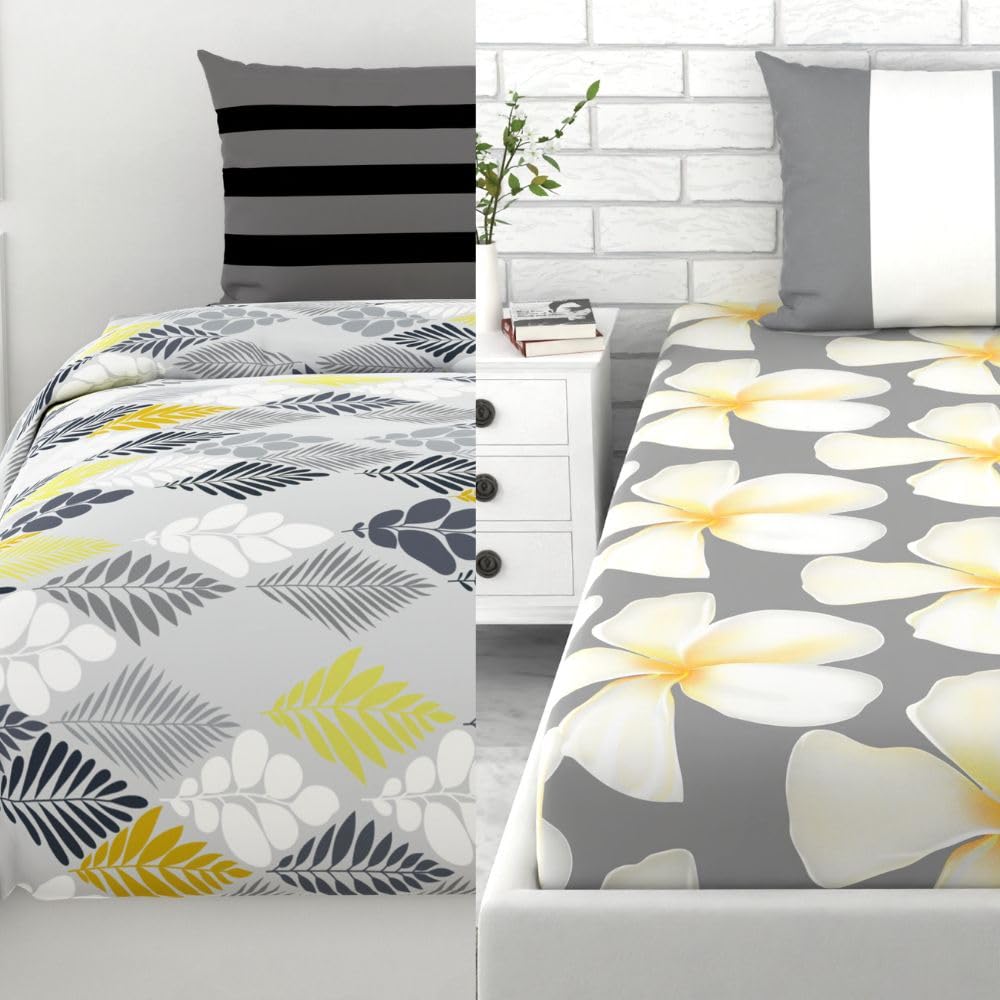 Loreto Ash Grey Yellow Floral Single Bedsheet | 144 TC | 100% Cotton - main product image