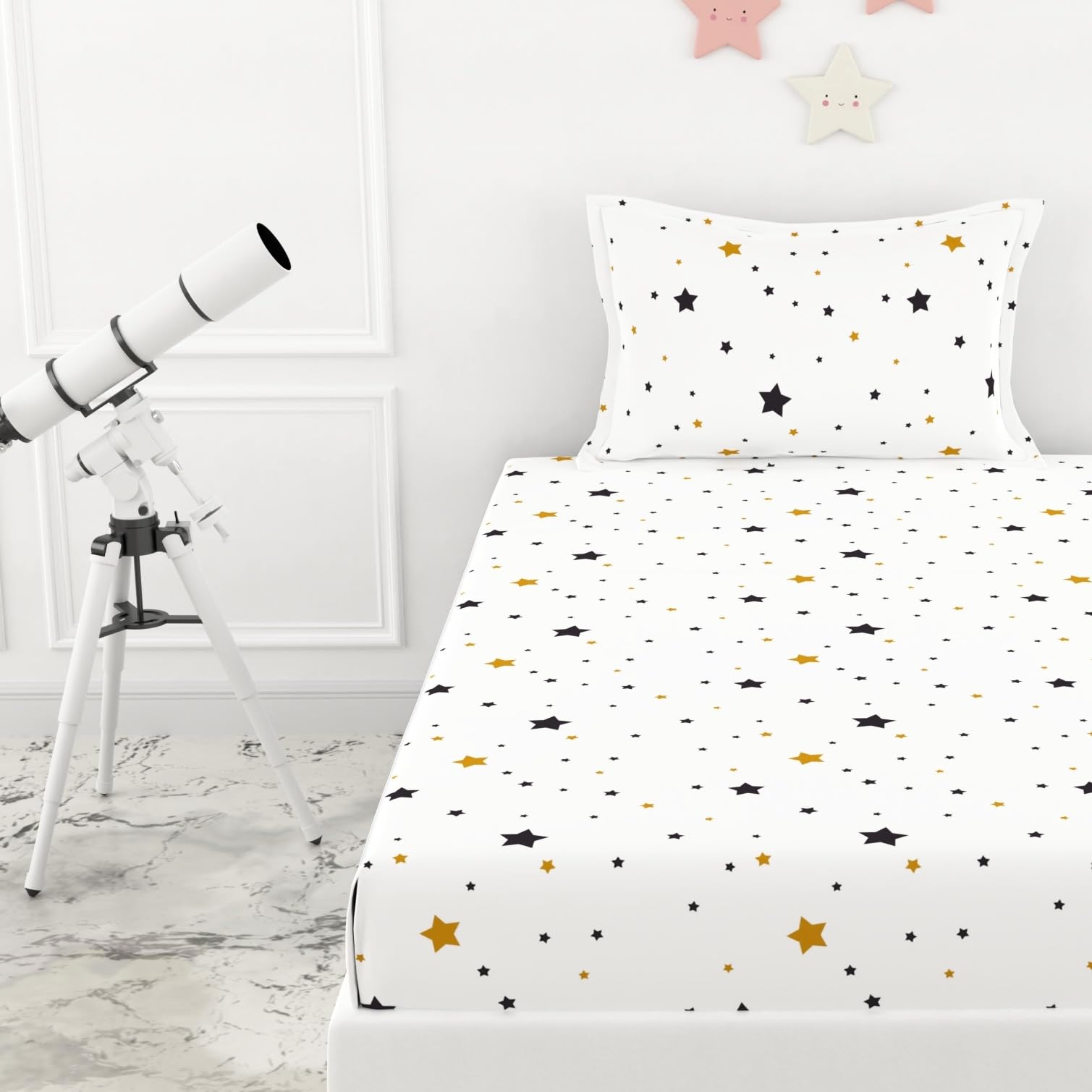 Black & Gold Stars Single Bedsheet - 210 TC 100% Cotton with 1 Pillow Cover (58 x 88 Inches)