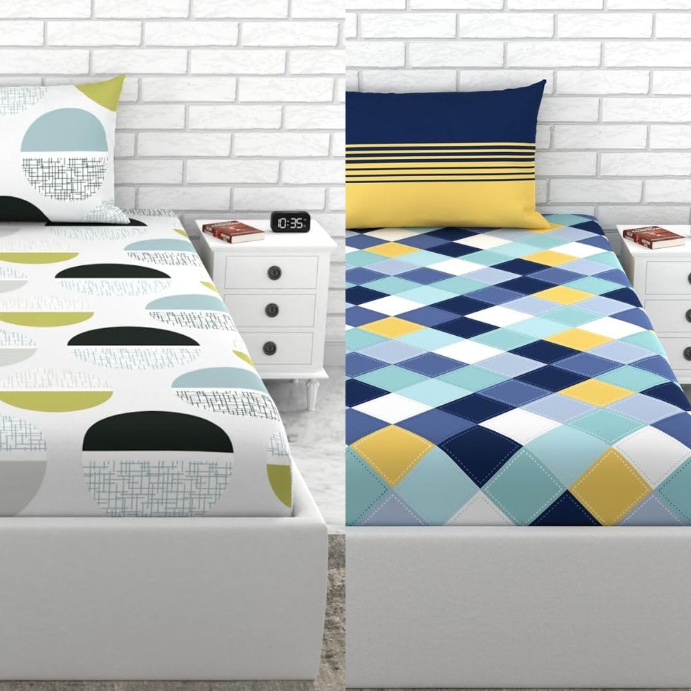Loreto Yellow & Blue Single Bedsheet | 144 TC | 100% Cotton - main product image