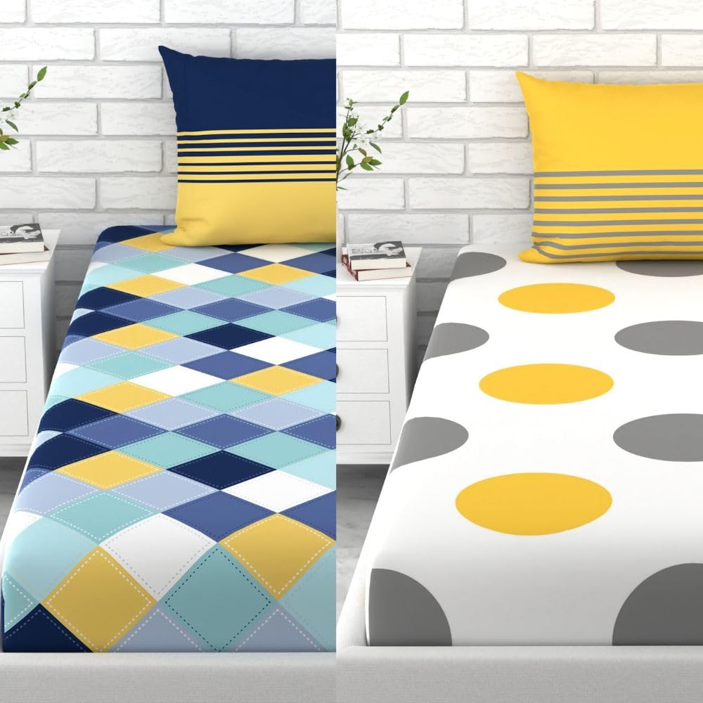 Loreto Yellow Polka & Checkered Single Bedsheet | 144 TC | 100% Cotton - main product image