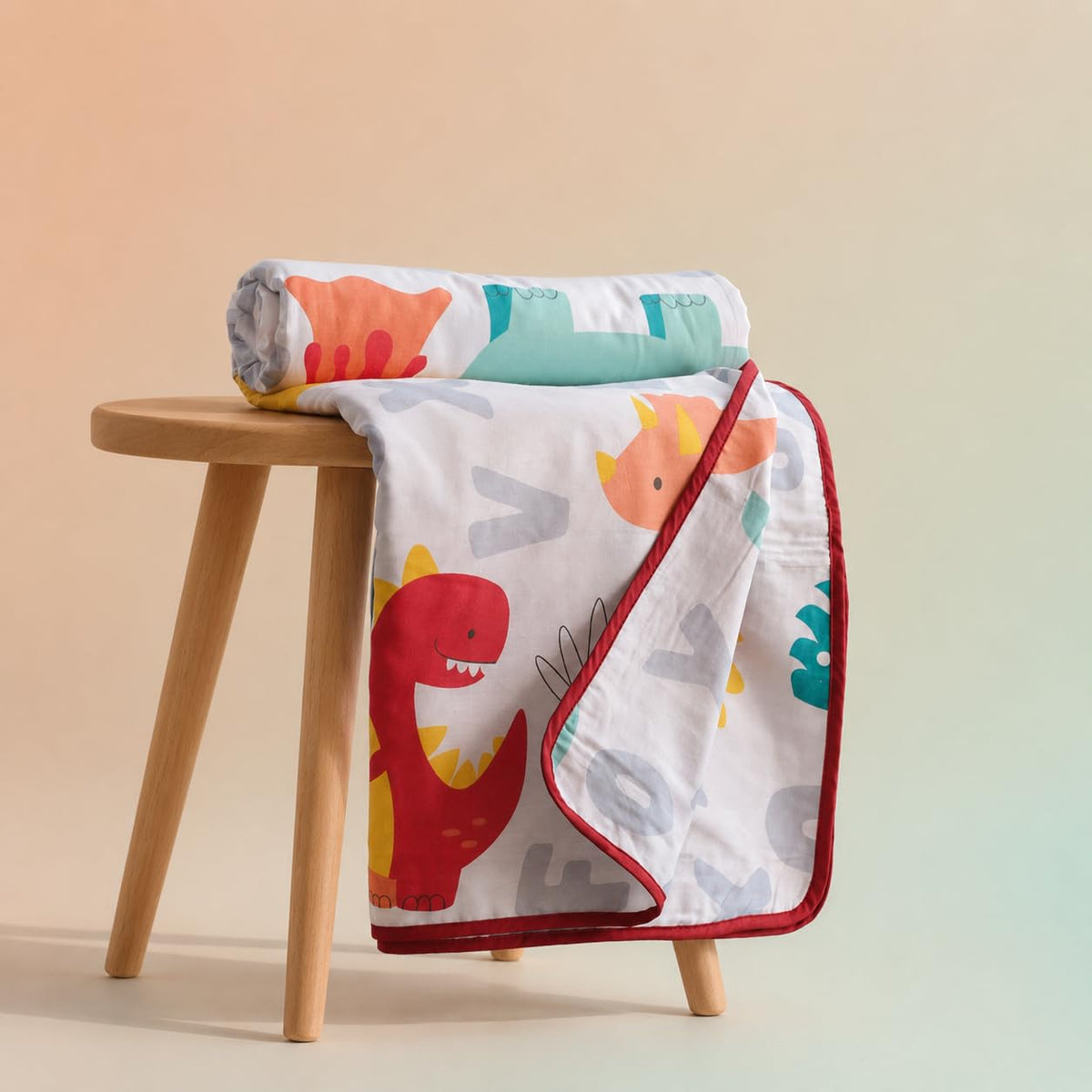 Loreto Orange & Mint Alphabet Dino Play Double Cotton Dohar | Lightweight AC Blanket | 88 x 88 Inches - main product image
