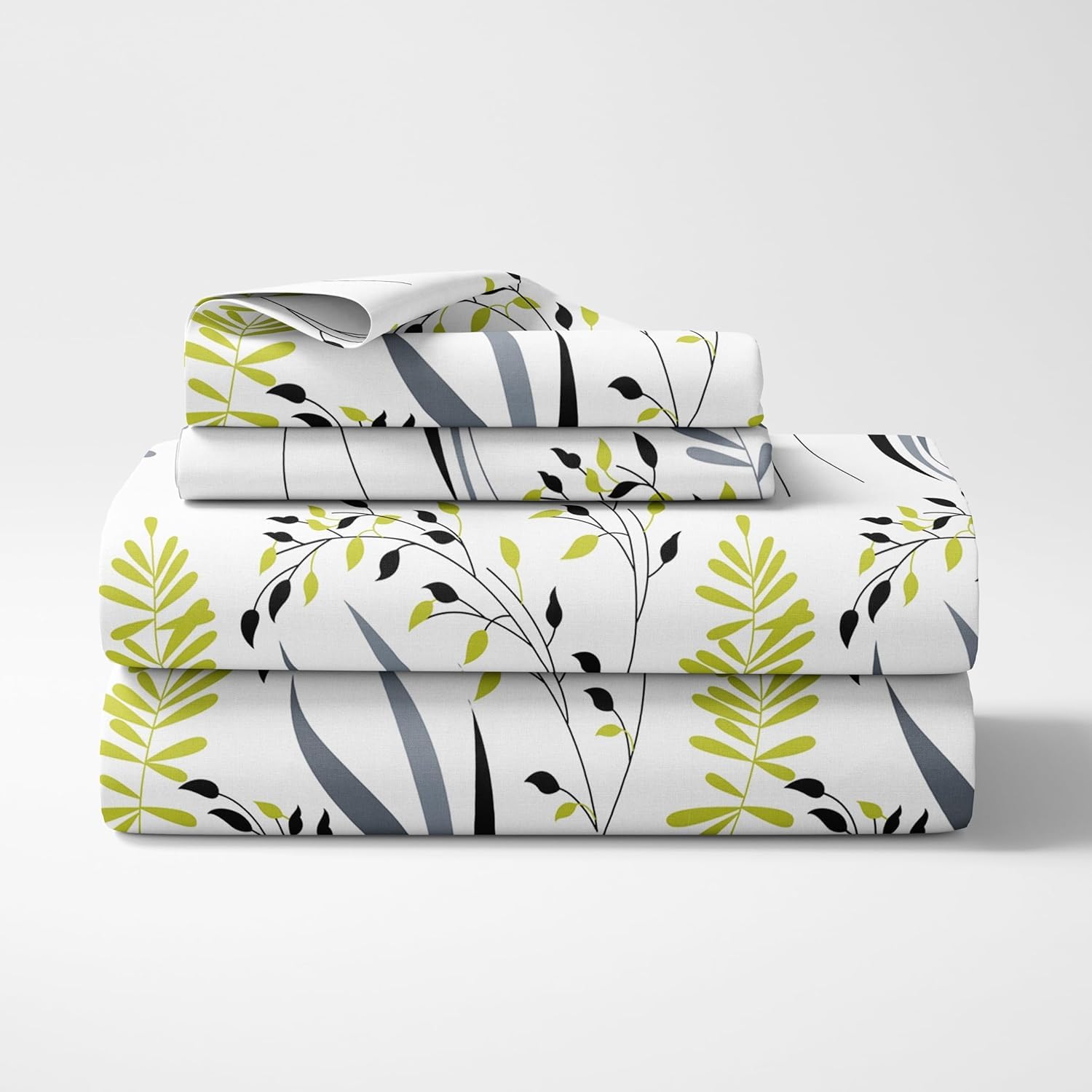 Olive & Charcoal Leaf 186 TC Cotton Fitted Bedsheet for King Size Bed with 2 Pillow Covers - Deep Pocket Elastic, 78 x 72 Inches