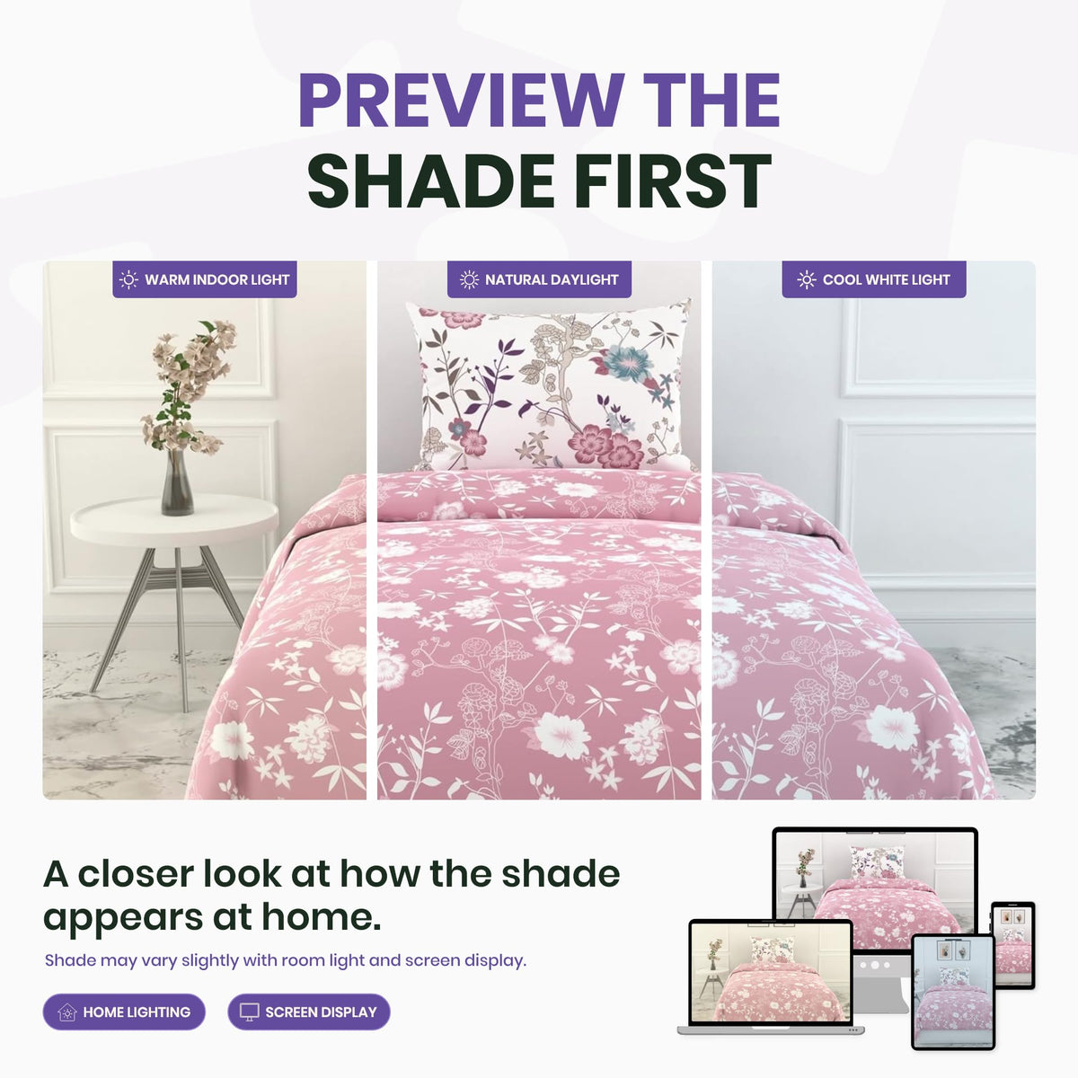 Soft Pink Florals Soft & Breathable 100% Cotton Flat Single Bedsheet, 144 TC