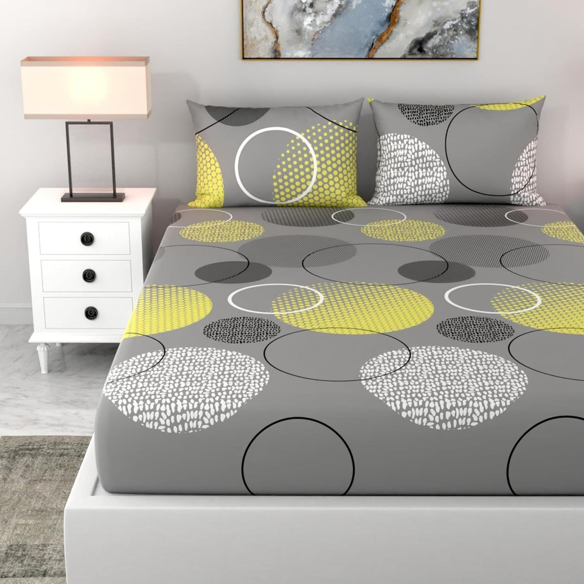 Loreto Cotton Double Bedsheet | Geometric Grey & Yellow