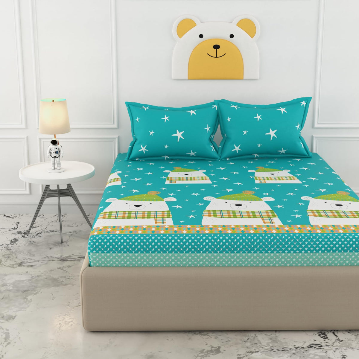 Loreto Teal Bear King Fitted Bedsheet | 186 TC | 100% Cotton | Fits 78 x 72 Inches | 8 Inch Pocket - main product image