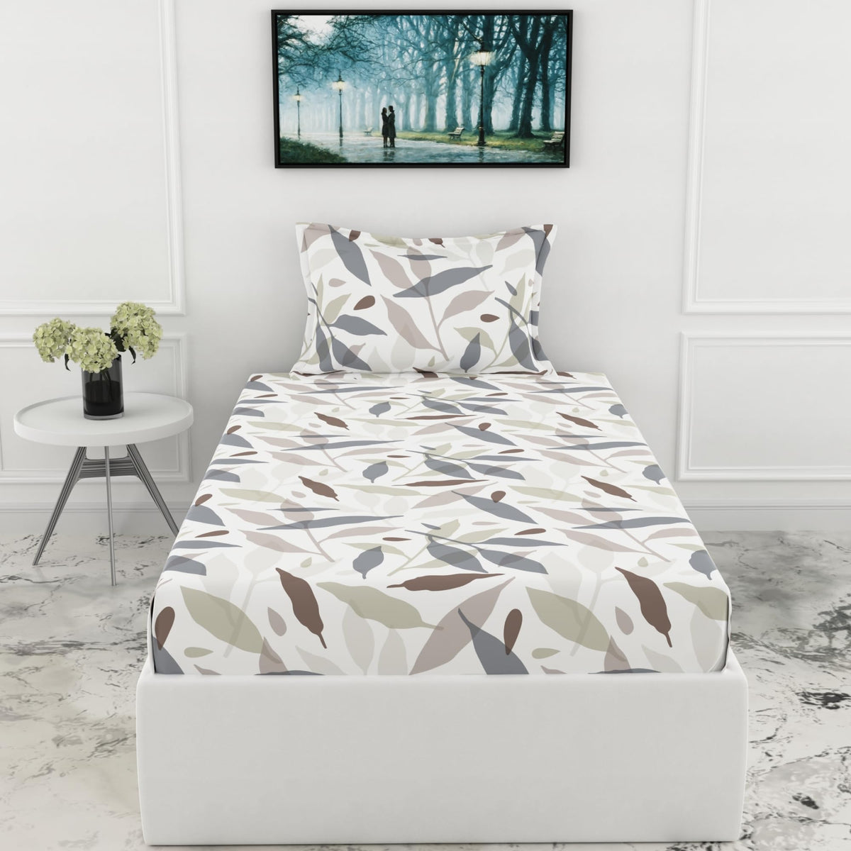 Loreto Grey Leaf Whisper Single Fitted Bedsheet | 210 TC | Polyester | Fits 78 x 36 Inches | 8 Inch Pocket - main product image