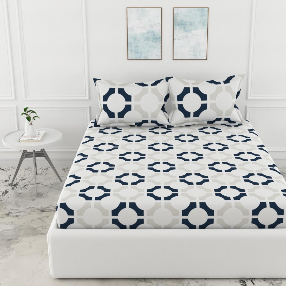 Loreto Cotton King Fitted Bedsheet | Colonial Blue Matrix