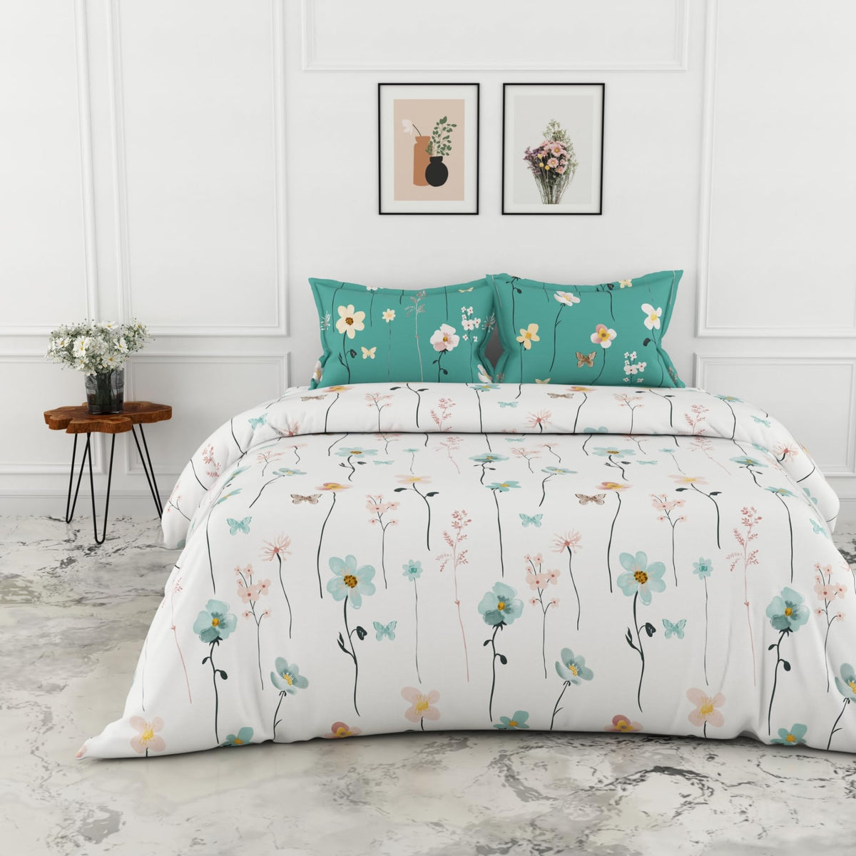 Loreto White Teal Floral Vines & Floral Blooms Double Bedsheet | 144 TC | 100% Cotton | 88 x 90 Inches - main product image