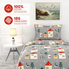 Grey Bunny 100% Cotton Bedsheet for Single Bed | 186 TC Percale Weave Soft & Durable Flat Sheet with Pillow Cover | 58 x 88 Inches