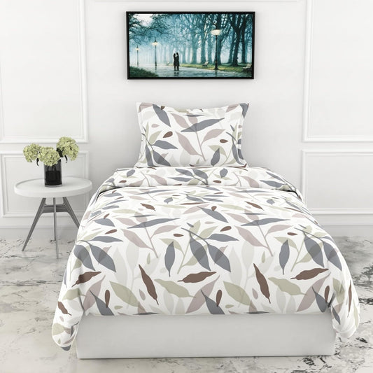 Grey Leaf Whisper Single Bedsheet - 210 TC 100% Cotton with 1 Pillow Cover (58 x 88 Inches)