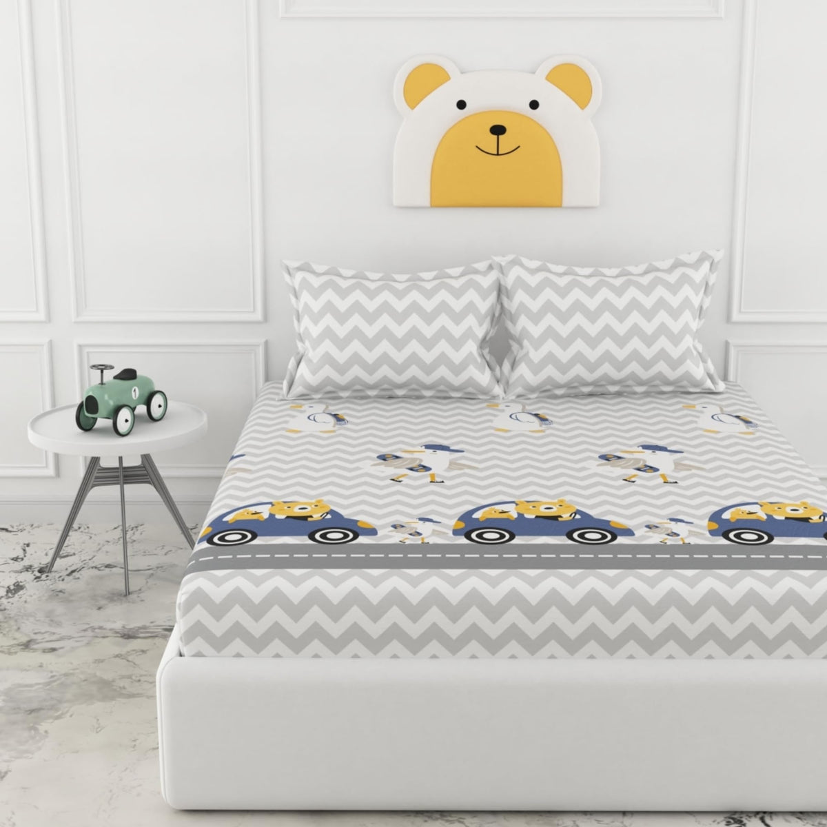 Loreto Car Ride King Fitted Bedsheet | 186 TC | 100% Cotton | Fits 78 x 72 Inches | 8 Inch Pocket - main product image